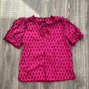 J. Crew - 100% Cotton Hot Pink with Purple Embroidered Flower Blouse - Size XS